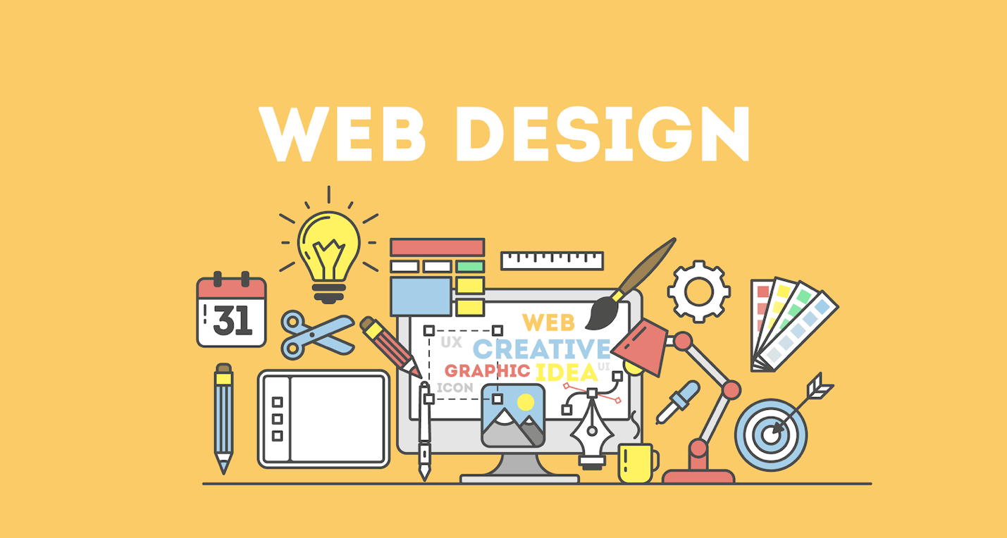 Web design concept illustration featuring a desktop monitor, creative tools, color swatches, lightbulb, and UX/UI elements on a yellow background.