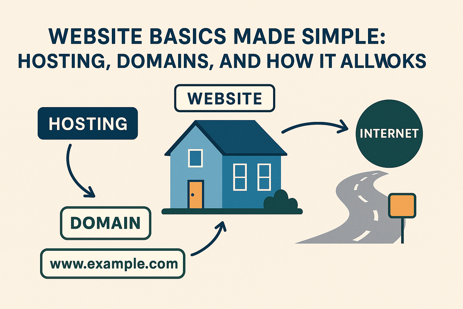 A simple flat-design illustration comparing a website to a house, visually explaining the roles of design, hosting, domains, and the internet using arrows and labeled elements.
